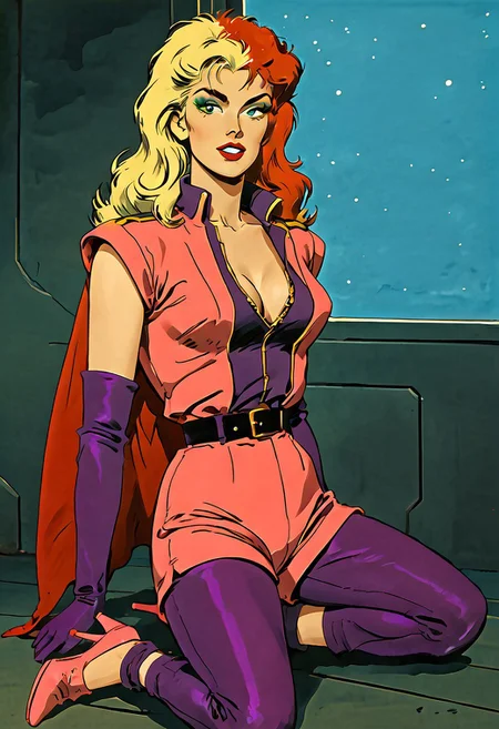 solo, looking at viewer, looking at me, manic laugh, spaceship interior, stars, decarloxl, retro colors, 60s, G0080T, 1girl, CharaSoonS1, grabbing collar, red hair, blonde hair, long hair, multicolored hair, lipstick, blue lips, purple eyes, green eyeshadow, pink jacket, cleavage, breasts, purple gloves, elbow gloves, black belt, cape, pink shorts, purple pants, purple socks, pink high heels,