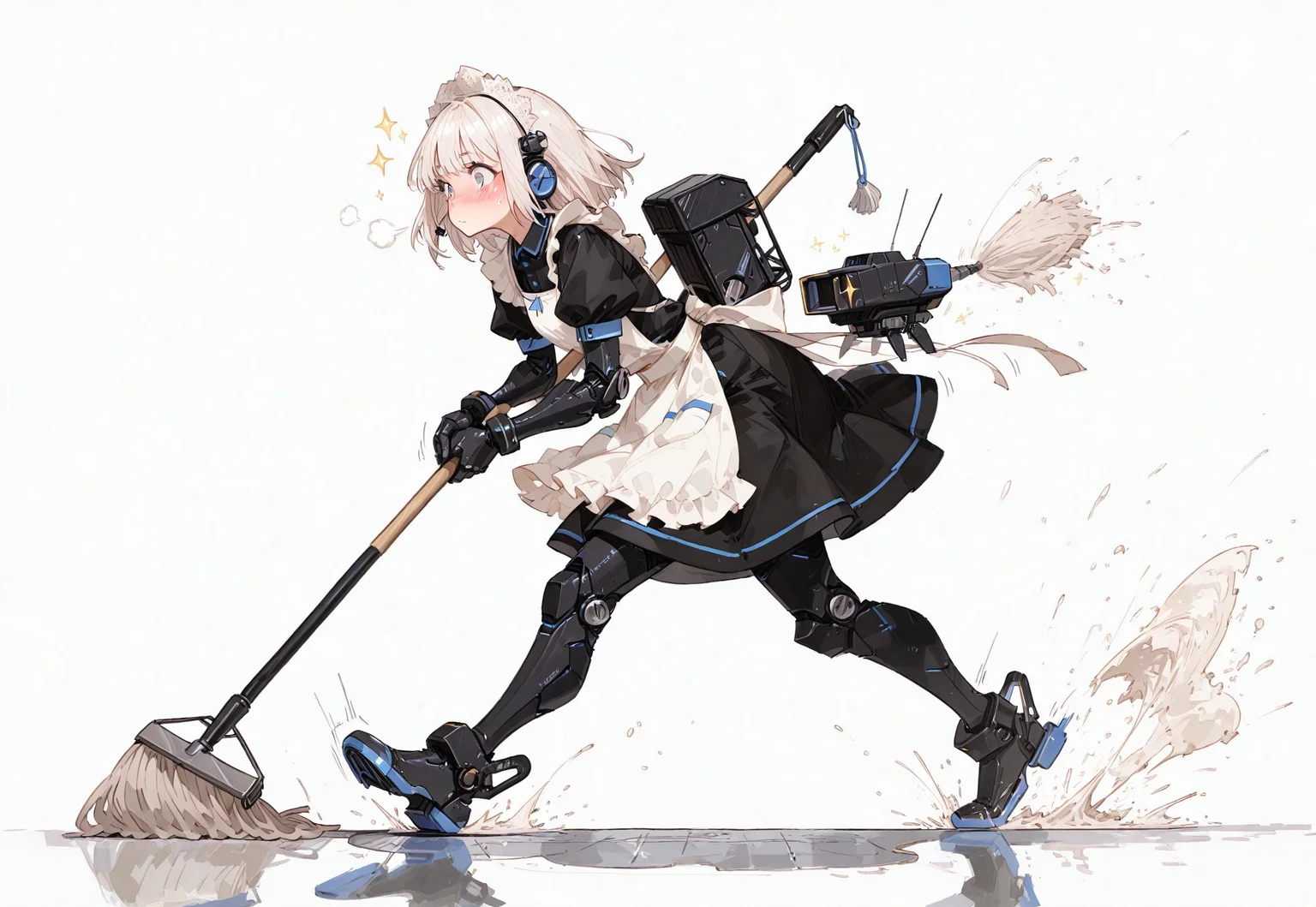 score_9, (masterpiece, best quality, dynamic composition), 8k, 1girl, 18 years old, humanoid, cute, kawaii, short white hair, side view, flustered expression, eyes wide open, eyebrows raised, blushing cheeks, eyes detail,
BREAK
wearing a frilly maid outfit, black and white color clothes, fluttering apron and skirt, puffed sleeves, lace headband,
BREAK
mechanical skin, mechanical arms and legs, small mechanical headgear, white body panels with subtle silver and blue trim,
BREAK
holding a mop both hands,(running while mopping the floor from left to right:1.4), mop extended forward, one foot lifted mid-stride, exaggerated motion,
BREAK
(floating mini mecha behind her air:1.4), small thruster effects, propellers or hovering boosters,
BREAK
white background, soft clean floor, motion lines around mop and limbs, scattered cleaning bubbles or sparkles, comical and playful atmosphere