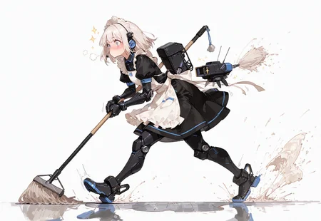 score_9, (masterpiece, best quality, dynamic composition), 8k, 1girl, 18 years old, humanoid, cute, kawaii, short white hair, side view, flustered expression, eyes wide open, eyebrows raised, blushing cheeks, eyes detail,
BREAK
wearing a frilly maid outfit, black and white color clothes, fluttering apron and skirt, puffed sleeves, lace headband,
BREAK
mechanical skin, mechanical arms and legs, small mechanical headgear, white body panels with subtle silver and blue trim,
BREAK
holding a mop both hands,(running while mopping the floor from left to right:1.4), mop extended forward, one foot lifted mid-stride, exaggerated motion,
BREAK
(floating mini mecha behind her air:1.4), small thruster effects, propellers or hovering boosters,
BREAK
white background, soft clean floor, motion lines around mop and limbs, scattered cleaning bubbles or sparkles, comical and playful atmosphere