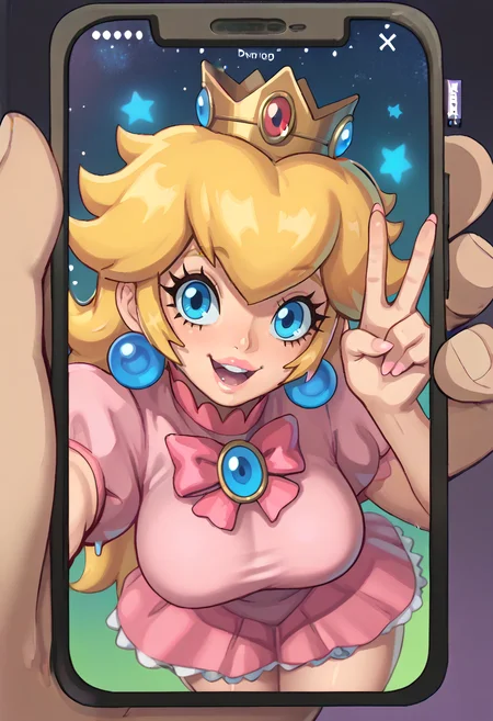 score_9, score_7_up BREAK phonepov,solo,princes peach,blue eyes,happy,star,v,from above <lora:StevechopzPhone_XLPD:1>