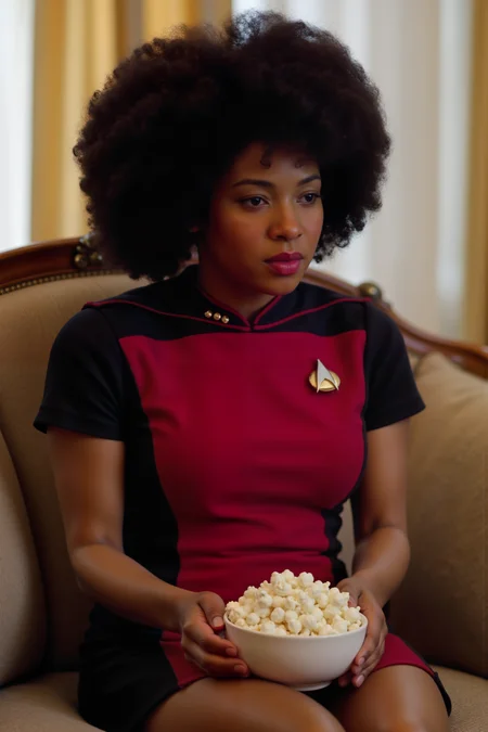 a high quality sharp photo still of stunning african woman with a big afro wearing red STSKNT short uniform with black shoulders and sides and with short sleeves sitting on a sofa with bowl of popcorn.<lora:ST_SKANTV2_FLUX><lora:aidmaMJ6.1-FLUX-V0.1:0.6><lora:Movie_Portrait><lora:Flux DetailerV2>