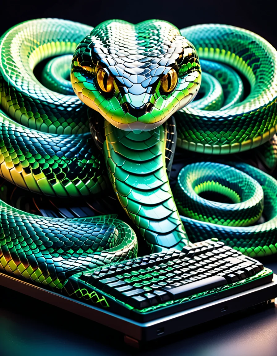 "A surreal snake-scale keyboard, each key a living, undulating snake scale, tactile and slightly organic, mystical glowing inscriptions forming philosophical phrases, cyberpunk aesthetic with biotechnological undertones, intricate mechanisms blending robotics and nature, dark and mysterious lighting, emotional resonance of wonder and unease, intricate detailing, hyperrealistic textures." <lora:SDXLFaeTastic2400:0.4> <lora:extremely_detailed:0.4> extremely detailed, <lora:sn4ke:1>,sn4ke, Masterpiece,best quality,hi res,8k,hi res,8k,award winning,(sharp focus, intricate, highly detailed),
