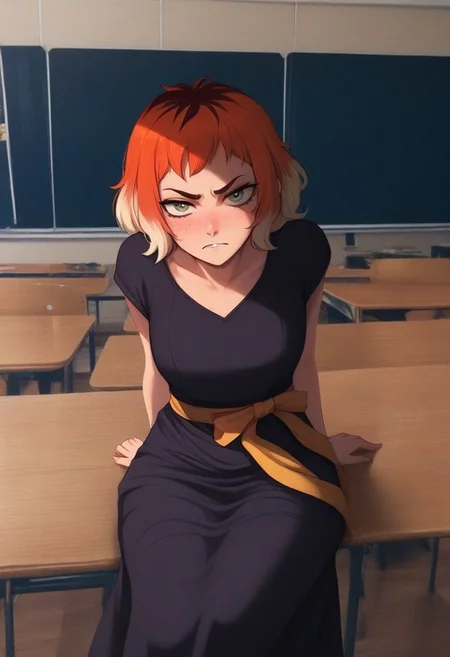 masterpiece,best quality,amazing quality, PHTBG, photo background, 1girl, multicolored hair, freckles, dress, sash, sitting, classroom, scowl, looking at viewer