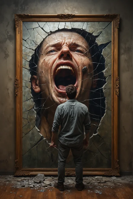 a man that is standing in front of a painting, a hyperrealistic painting, inspired by Sam Spratt, shutterstock contest winner, shock art, man carving himself out of stone, cracking glass through reality, art in an absurdist style, devouring