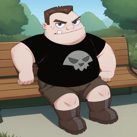 score_9, score_8_up, score_7_up, best quality, buford, phineas and ferb, square tooth, freckles, blue eyes, brown hair, pale skin, human, underbite, male, solo, fat, plump, young, black shirt, skull on shirt, brown shorts, red boots, outdoors, grumpy face, looking at viewer, sitting on bench
