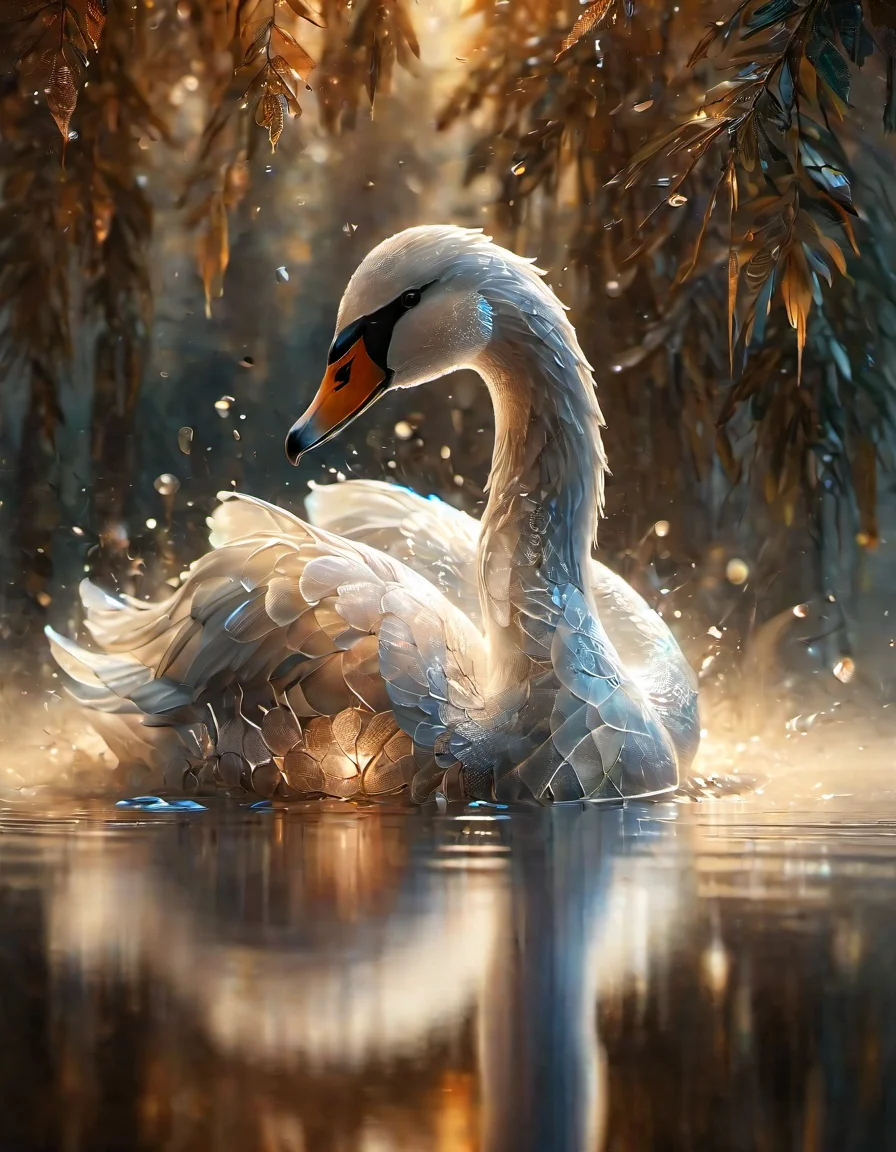 Swan, very Beautiful, Bokeh, art by RHADS, Sad, soft lighting, elegant, <lora:sdxl_lightning_8step_lora:1>, <lora:ral-milkyglass:0.95> made out of ral-milkyglass, sublime, perfect symmetry, advanced cinematic perfect light, dynamic, epic composition, badge, luxurious