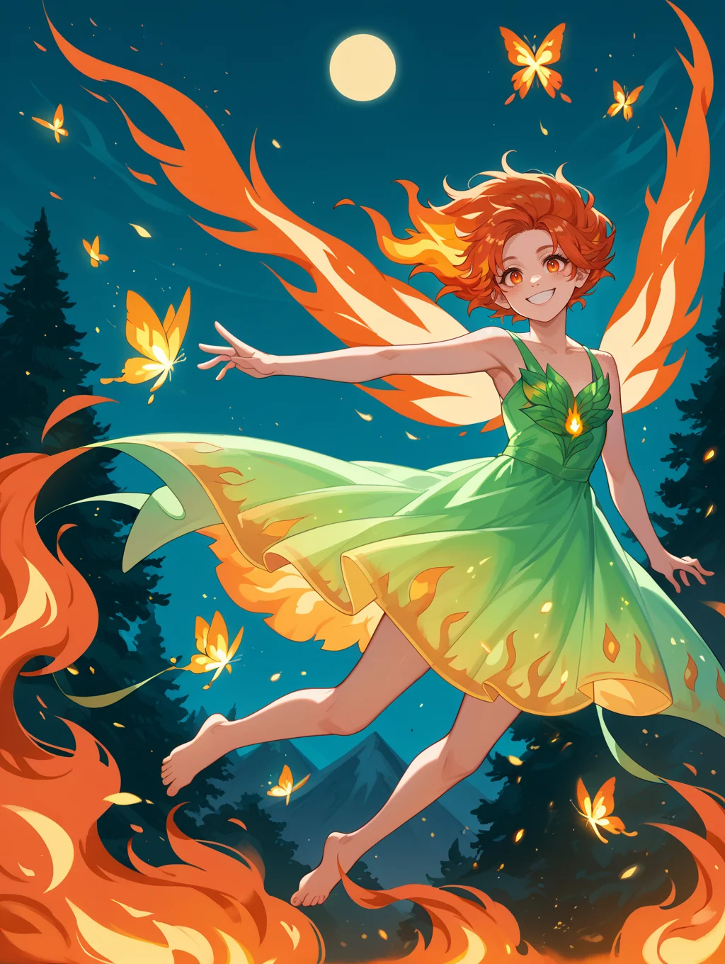 score_9, score_8_up, score_7_up, source_anime,
flame fairy, freckled, (fire glow:1.2), (flying:1.3) (over fire:1.2), huge yellow moon hanging over volcano, fire glowing butterflies, fireflies, fire in background, wide smile, transparent fire dress, barefoot, smog, (fire around:2),