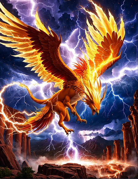lightning spirit, legendary lightning phoenix, hyperrealistic, intense lightning wave, vibrant orange and red hues, intricate details, beautiful lightning sparks, thunder storm, dynamic motion, glowing plasma, celestial lightning, high contrast, luminous, dramatic lighting, powerful lightning energy, otherworldly, cosmic spectacle, high-definition, atmospheric, intense electricity,
electrical arc, broken pillars, air waves