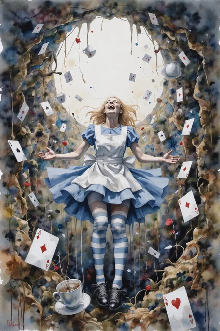 yawc1 watercolor.
Overhead view of Alice in Wonderland falling into the rabbit hole, with her legs dangling beneath her. She is looking upward, her face filled with shock and terror as she screams. Her blue dress and white apron billow out around her as she tumbles, while her striped stockings and black shoes are visible below. The rabbit hole is a swirling, chaotic mix of vibrant colors, playing cards, teacups, and other Wonderland objects floating around her. Soft glowing light emanates from the tunnel walls, adding an eerie, fantastical feel to the scene. The sense of motion and fear is palpable as Alice falls deeper into the unknown. <lora:yawcolor_nocap_d6a3:1.0> <lora:Flux-Sch-SingleBlocks-BF16:1.0><lora:799116770653926498:0>