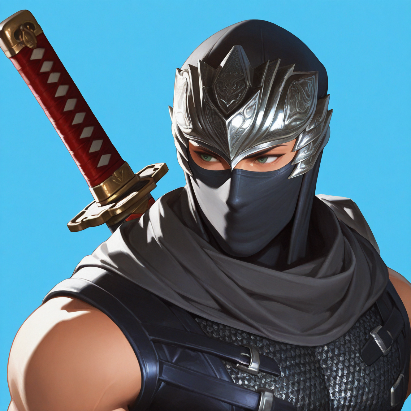 <lora:RYU_HAYABUSA:1> ryu_hayabusa, solo, simple background, 1boy, bare shoulders, green eyes, upper body, male focus, weapon, sleeveless, sword, scarf, armor, looking to the side, mask, blue background, helmet, katana, sheath, sheathed, mouth mask, realistic, covered mouth, ninja, weapon on back, grey scarf, chainmail, sword on back, ninja mask, black scarf, motion blur, film grain, abstract, natural lighting, fantasy, cinematic, very awa, masterpiece, best quality, absurdres, newest, perfect quality, detailed background, intricate details, (artist:fl \(l-fl\):0.7), (artist:tooboshoo:0.7), (artist:dizdoodz:0.8)