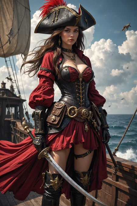 amazing quality, masterpiece, best quality, hyper detailed, ultra detailed, (portrait of a stylish woman, young adult european woman, highly detailed background:1.2), volumetric lighting, subsurface scattering, (special effects, color grading, fantasy aura), young adult woman captain, large covered breasts, cleavage, (enchanting fantasy world), dramatic ocean backdrop, ((striking pirate outfit)), (bold and adventurous design), intricate corset with elaborate patterns, billowing highlow skirt, knee high leather boots, wide brimmed hat adorned with feathers, long flowing hair, sword at her side, standing confidently on the deck of a fantastical ship, mystical creatures in the distant sky,