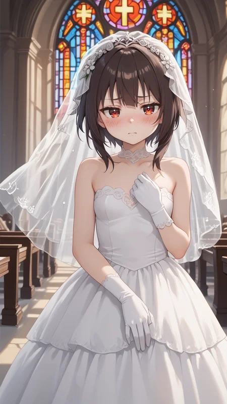 , stained glass,  church,altar,, seductive look, narrowed eyes, blush  ,  <lora:Megumin_V2_Pony:0.8> Meguminn,:short_hair,1girl, sidelocks, brown_hair, red_eyes, small_breasts , <lora:Bridal_Dress_Pony:0.8> wedding dress embarrassed,, bridal veil, , flower, , gloves,, score_9, score_8_up,score_7_up,score_6_up,