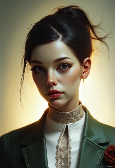 score_9, score_8_up, score_7_up, score_6_up, score_5_up, score_4_up, realistic, A stylish image of a model in a tailored, deep green velvet suit with wide-legged trousers and a fitted blazer. The suit is paired with a crisp white blouse, unbuttoned at the collar, her hair pulled into a sleek ponytail, her posture exuding confidence and grace. , backlight, cinematic photoshot <lora:ponys-dream:.9>