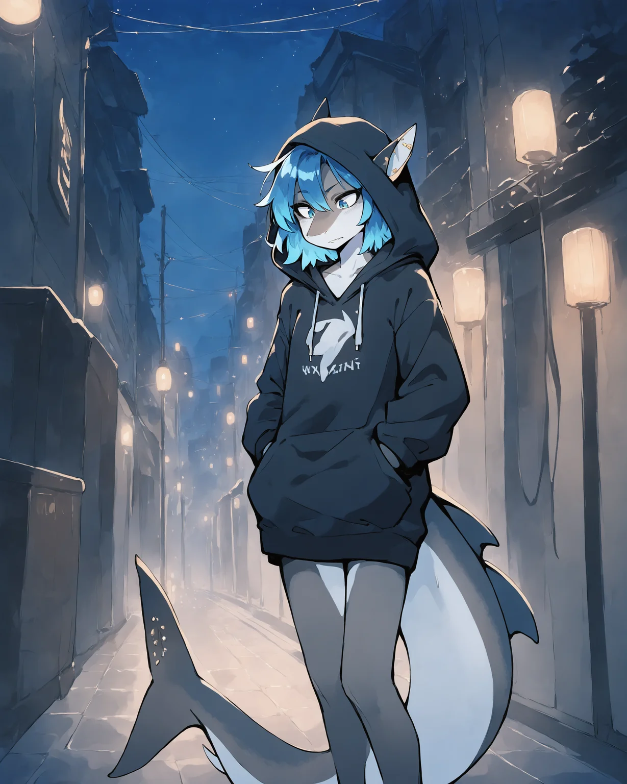 score_8_up, source_anime, rating_safe, <lora:Erika_-_Ambris_PonyXL:1>, erikaAmbris, shark, blue hair, naked, oversized hoodie, solo, standing, hands in hoodie pocket, looking down, in middle of a street, night, closeup shot, <lora:yedian_pony:0.8>,