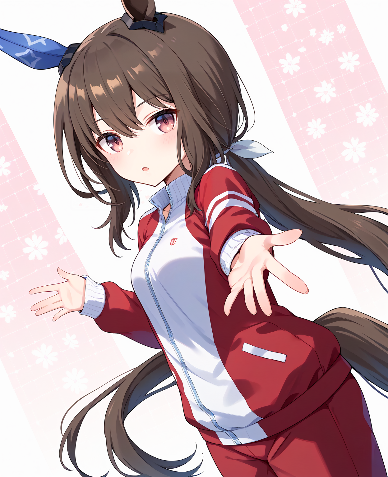 score_9, score_8_up, score_7_up, 1girl, (looking at viewer:1.2), (open mouth:1.0), expressionless,, blush, patterned background,, (outstretched arms:1.2),, (dutch angle:1.2),
admire vega \(umamusume\),  <lora:pony_admire_vega_v1.02:1>, horse ears, horse tail, hair between eyes, low ponytail, single ear cover,
<lora:_sdxl-um-tracenjersey-pony:0.6>, red jacket, track jacket, sleeves past wrists, tracenjerseypants, red long pants,,
,