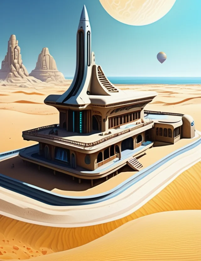 (masterpiece:1.2), ((digital art,realistic)), (hyper detailed),DonMS4ndW0rldXL, made of sand or sandstone, desert Seaside Resort, scifi,<lora:DonMS4ndW0rldXL-000008:0.8>
