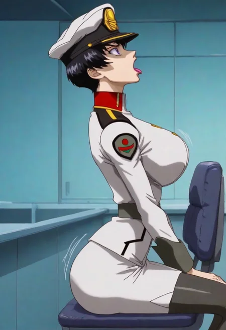 score_9, score_8_up, score_7_up, zPDXL3, Expressiveh, source: anime, anime screencap, anime coloring, natarle, 1girl, solo, blue sky, purple eyes,black hair,short hair, purple lips, perfect face, detailed face, perfect lips, ultra-detailed eyes, detailed hair, (perfect anatomy, perfect proportions), large breasts, ultra-narrow waist, ultra-fit figure, ultra-flared hips, ultra-round ass, butt crack, tight ass, shapely legs, peaked cap, military uniform, skirt, pantyhose, boot, indoors, detailed backgrounds, science fiction, naval warship interior, modern warship, command bridge, sitting in captain's chair, leaning back on chair, sci-fi consoles, crew in background, shouting, open mouth, tongue out, grasping the edges of her seat, arched back, head back, expressive, shriveling, motion lines, jerking back, focus on female, sexually suggestive, viewed from side