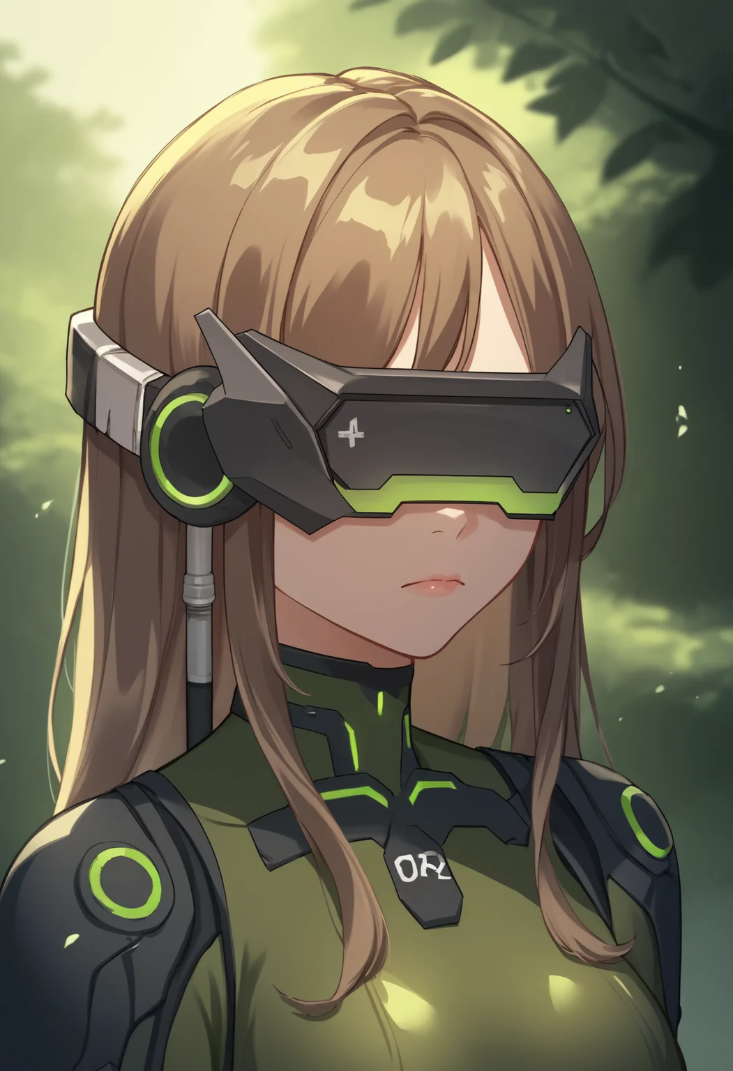 score_9, score_8_up, score_7_up, source_anime BREAK 1girl, solo, <lora:massproduced-nikke-richy-v1_pdxl:1> mssprd, head-mounted display, covered eyes, brown hair, long hair, green bodysuit, standing, closed mouth