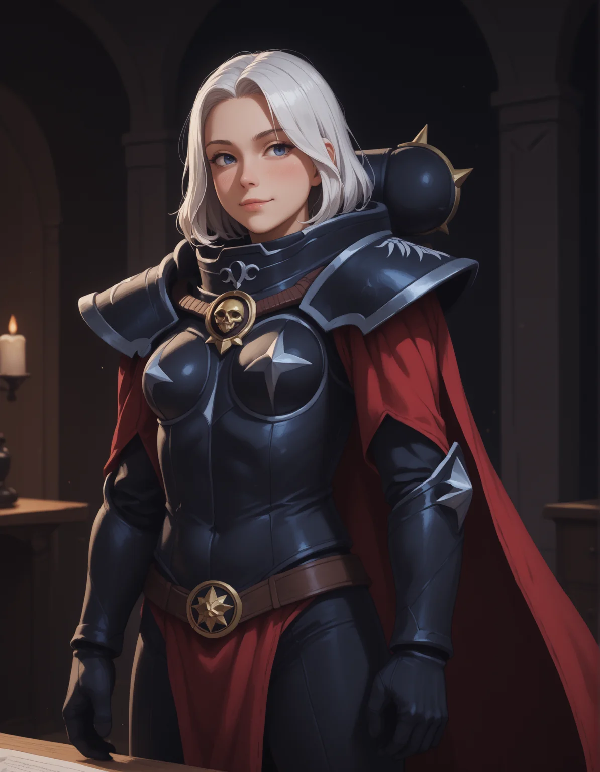 score_9, score_8_up, score_7_up, score_6_up, score_5_up, s1st3rsOB,(s1st3rsBP:1.3),masterpiece, best quality, 1girl, solo, white hair, indoors, small breasts, altar, looking at the viewer, smirk,colorful, vibrant, very aesthetic, red cape