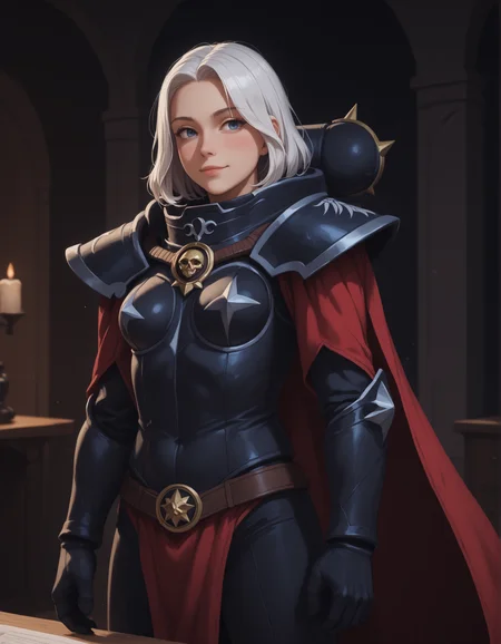 score_9, score_8_up, score_7_up, score_6_up, score_5_up, s1st3rsOB,(s1st3rsBP:1.3),masterpiece, best quality, 1girl, solo, white hair, indoors, small breasts, altar, looking at the viewer, smirk,colorful, vibrant, very aesthetic, red cape