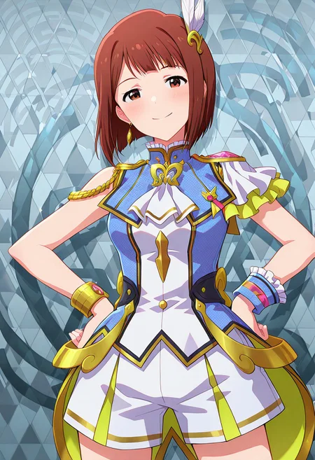 masterpiece, best quality, very aesthetic, absurdres, newest,
mirishita, kotoha, 1girl, (medium bob hair), (medium breasts:0.5), (cleavage:0.75),
(happy:0.25), (seductive smile:0.25), (blush:0.25), intricate, vivid, complex, ultra-detailed,
Cowboy shot, from front, looking at viewer, smile, annibbb,
Standing with legs apart, arm on hips, seductive posing,
highly detailed background, complex background,