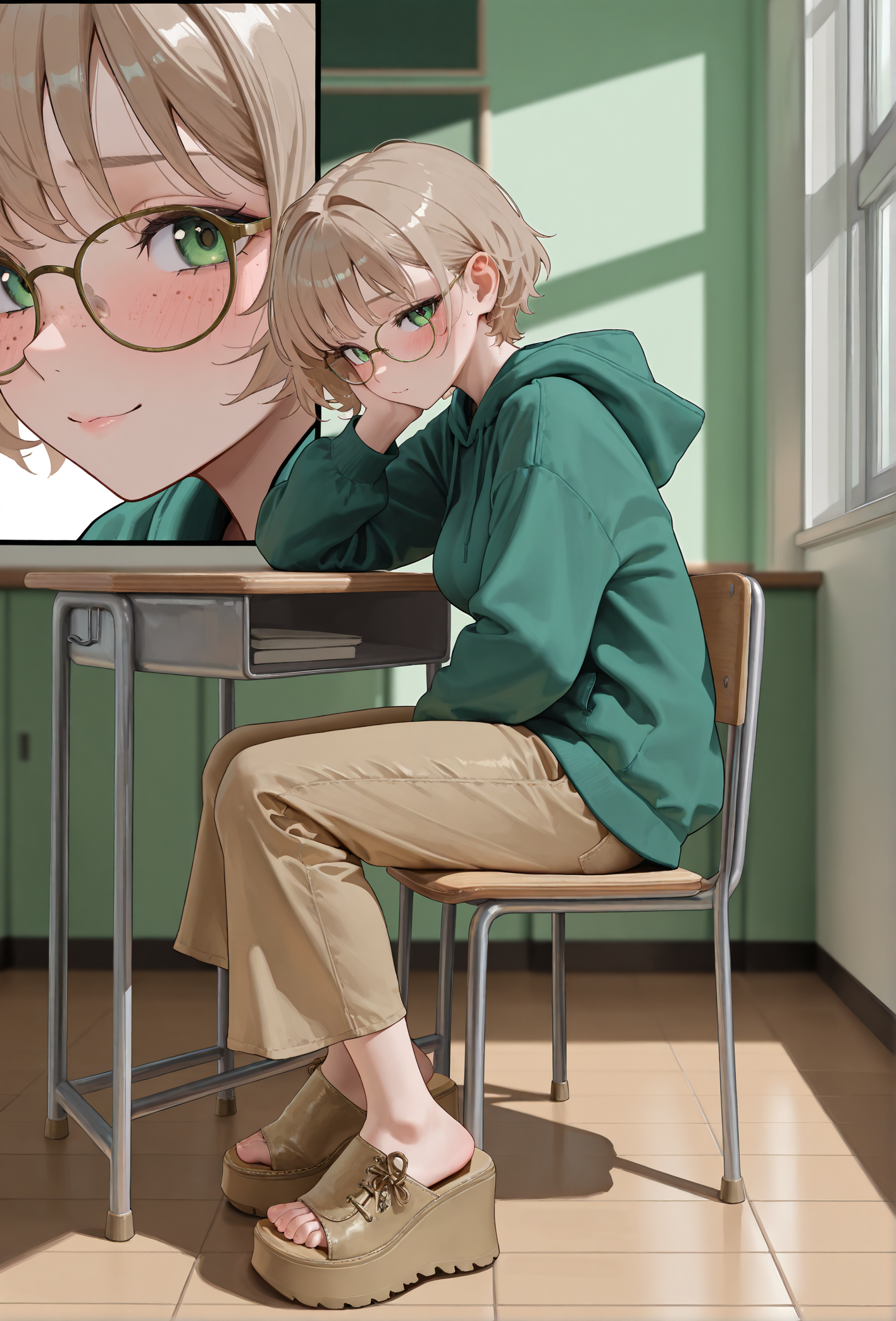 masterpiece, best quality, amazing quality, very aesthetic, high resolution, ultra-detailed, absurdres, newest, scenery, dramatic shadow, volumetric lighting,
multiple views, close-up inset, 
foot focus, perfect feet, 
(1gu4n4 sandals), (platform footwear), light brown footwear,
1girl, 
classroom, sitting in chair, desk,
green theme,
from side,
loose clothing, green hoodie, loose pants, brown capri pants, glasses,
blushing, looking at viewer, flirting, shy,
cute face, perfect face, freckles,
medium breasts,
light brown hair, short hair,