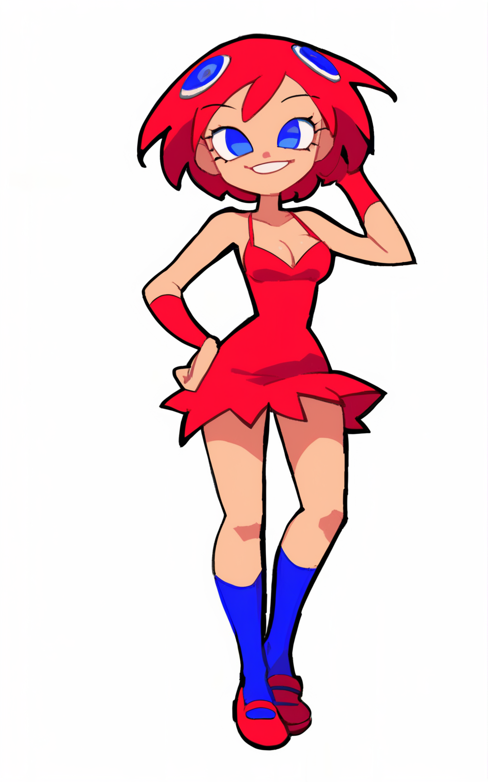 score_9, score_8_up, score_7_up,((best quality)),((full body)), absurdres,<lora:3d-2d:0.8>,   <lora:BlinkySDXL:0.75>,BlinkySDXL, blue eyes,short hair,breasts,dress,red hair, red dress,short dress,shoes, red shoes,cleavage,sleeveless dress,socks,blue socks,solo,white background,simple background, slim,standing,(multiple eyes),short dress,hands on hip,hair ornaments