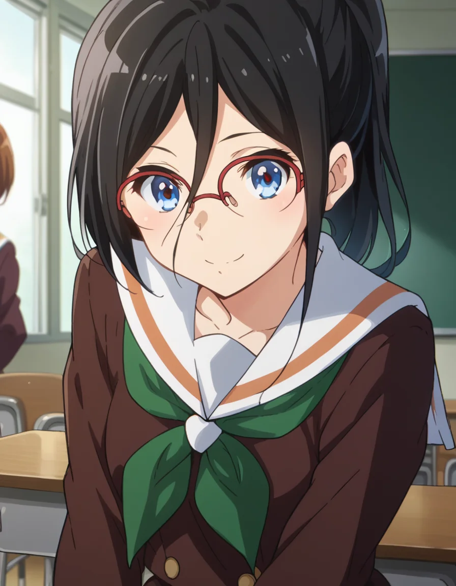 score_9, score_8_up, score_7_up, source_anime,
asukatanaka, <lora:asuka-tanaka-s2-ponyxl-lora-nochekaiser:1>,
asuka tanaka, long hair, black hair, blue eyes, glasses, semi-rimless eyewear, red-framed eyewear, over-rim eyewear, hair between eyes,
ponytail, skirt, shirt, long sleeves, school uniform, pleated skirt, serafuku, neckerchief, brown skirt, white sailor collar, brown shirt, kitauji high school uniform, green neckerchief,
indoors, classroom, bent over, smile,
looking at viewer, cowboy shot, dutch angle,