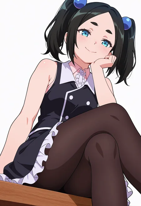 Smooth Quality,masterpiece,very intricate, high quality details, ultra realistic, high detailed skin,detailed enviorement,absurdres,
beckoning,
<lora:Dannar_Toxico_CNR:0.7> toxico_cnr, 1girl,black hair, twintails, blue eyes, thick eyebrows,
toxico_black_cnr, 1girl,light pink shirt, collared shirt, black vest, black skirt, frilled skirt, frilled dress, sleeveless dress, black pantyhose,buttons, center frills, hair bobbles,, simple background, white background, from below,
sitting pose, legs crossed, one hand resting on chin, playful smile, relaxed shoulders, ,, sad smile,