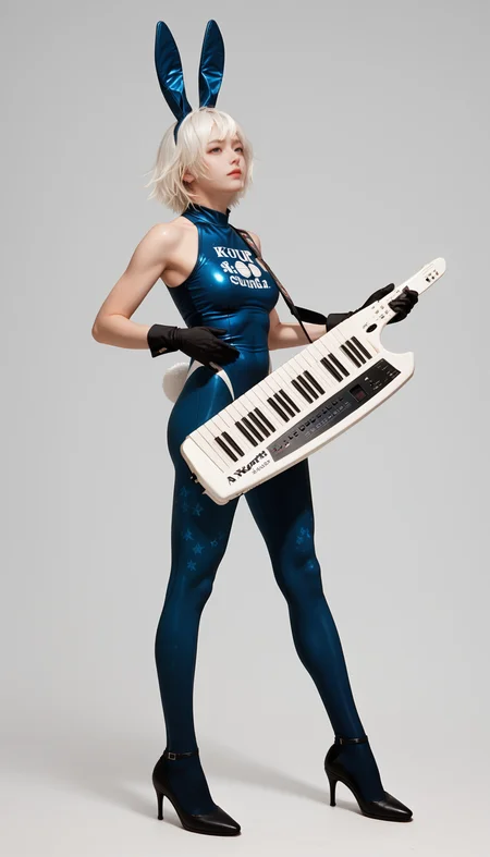 1girl, blue bodysuit,skin tight,bunny print,gloves, high heels, full body, stand, white hair,
score_9, score_8_up, score_7_up, simple background,
playing keytar, keytar, <lora:keytar-pony-000007:0.7>