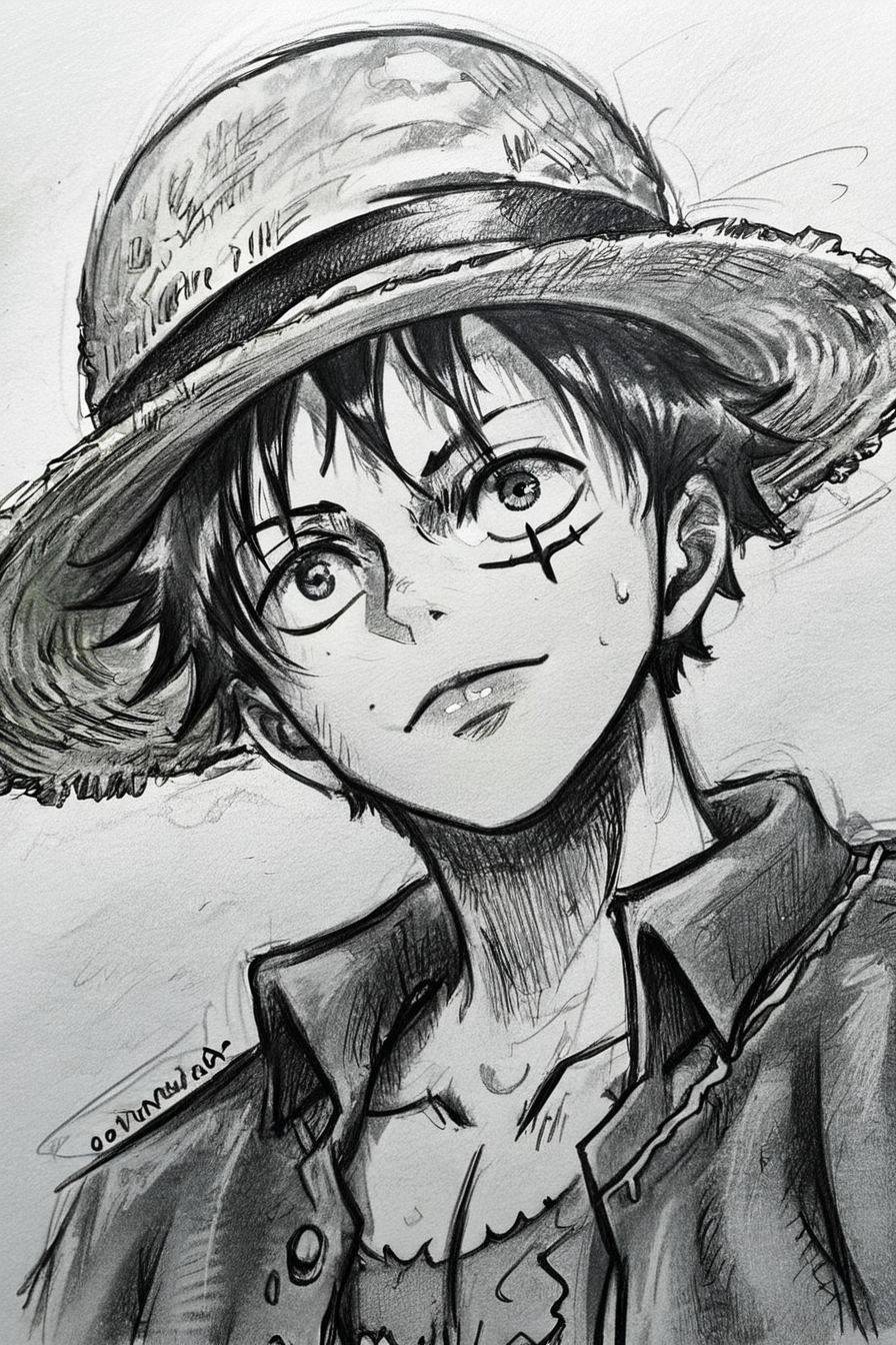 score_9, score_8_up, score_7_up, score_6_up, score_5_up, score_4_up,<lora:LUFFY_pony_XL:0.8>, Luffy, jacket, scar on chest, straw hat, black hair, <lora:drawing_style_pony:0.8>, drawing_style, drawing, sketch, 1boy, looking at the viewer, solo, alone, lines drawing, monochrome, greyscale, masterpiece, highres