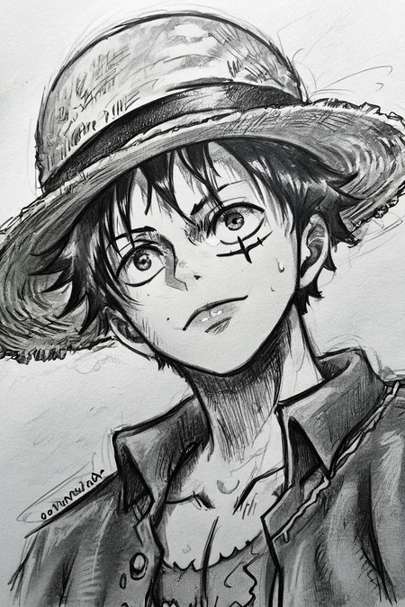 score_9, score_8_up, score_7_up, score_6_up, score_5_up, score_4_up,<lora:LUFFY_pony_XL:0.8>, Luffy, jacket, scar on chest, straw hat, black hair, <lora:drawing_style_pony:0.8>, drawing_style, drawing, sketch, 1boy, looking at the viewer, solo, alone, lines drawing, monochrome, greyscale, masterpiece, highres