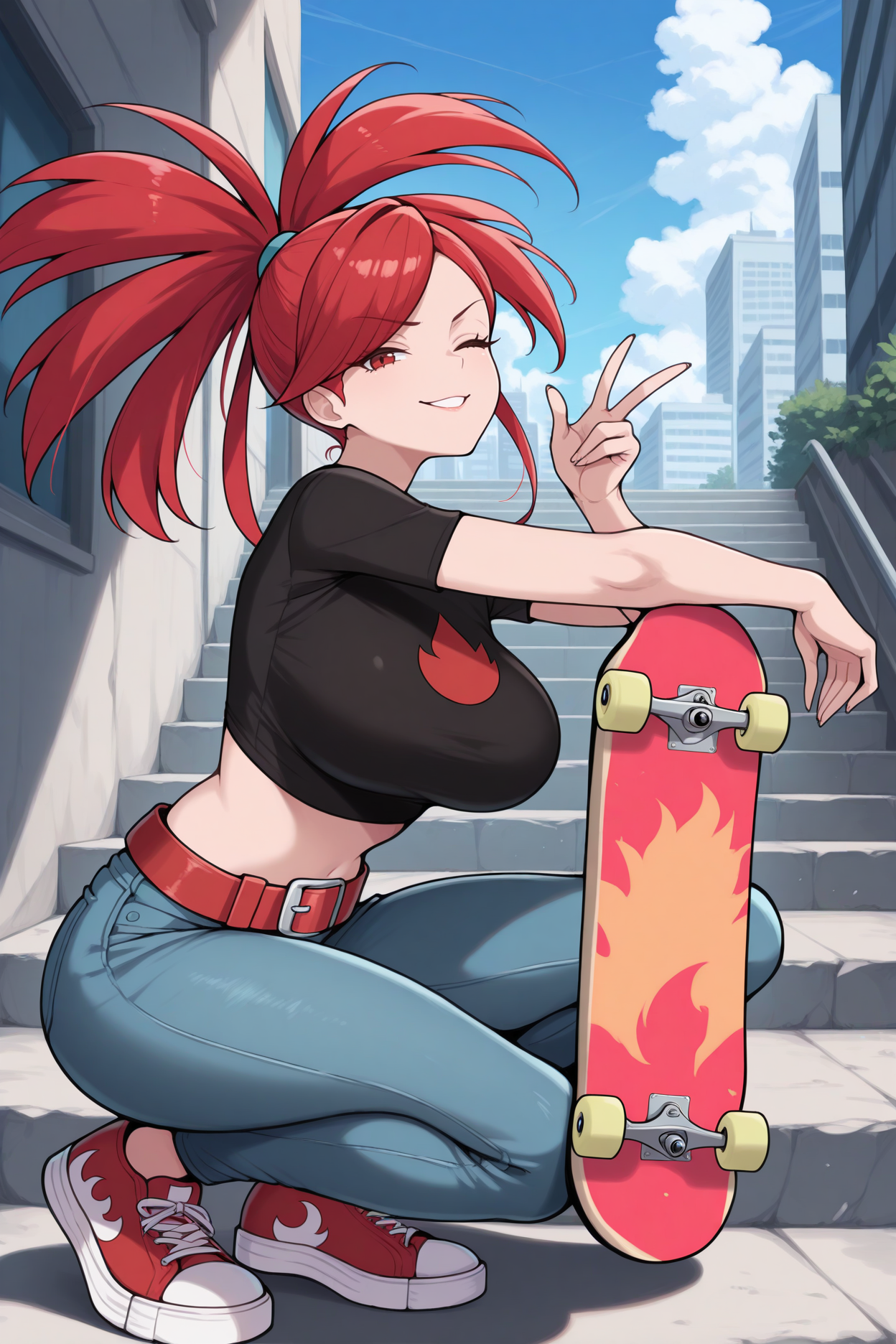 masterpiece, best quality, 1girl, solo, <lora:flannery-illu-nvwls-v1-000006:1> rsflnry, red hair, red eyes, high ponytail, big hair, large breasts, black t-shirt, cropped shirt, short sleeves, midriff, red belt, jeans, squatting, sneakers, holding red print skateboard, blue sky, city, stairs, looking at viewer, wink, smirk, peace sign