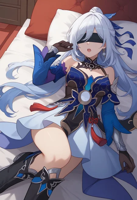score_9, score_8_up, score_7_up, source_anime, 1girl, jingliudef, black blindfold, covered eyes, white hair, long hair, high ponytail, earrings, jewelry, medium breasts, bare shoulders, detached sleeves, blue sleeves, blue dress, cleavage, black gloves, white skirt, black footwear, boots, lying, on back, on bed, arm up, open mouth, sleeping, looking to the side, indoors, bedroom, pillow, close-up, <lora:Jingliu_v1-000010:1>