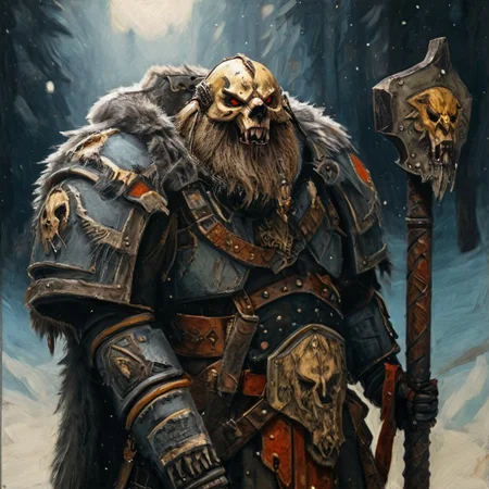 Space wolf warrior, wolf priest, chaplain, skull helmet, wolf skull helmet, wolf skull has a long snout that extends to the helmet mouth vent, the skull has fangs and glowing eyes, warrior with beard is in winter landscape, he is a werewolf space marine,  he as heavy scars, he has his huge runic hammer in his hands, portrait style, viking, norse, beard, clad in ripped furs and pieces of old worn space wolf armor, Black over black, top light, masterful painting in the style of Anders Zorn | Marco Mazzoni | Yuri Ivanovich, Todd McFarlane, oil on canvas
<lora:add-detail-xl:1> <lora:MJ52:0.5>