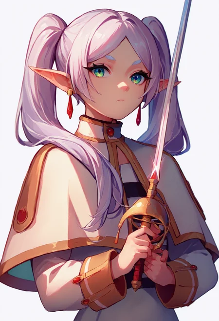 score_9_up score_8_up score_7_up, source_anime, 1girl, holding sword rapier, nereirfpnxl, frieren, pointy ears, twintails, earrings, elf, parted bangs, white hair, white capelet, capelet, long sleeves, simple background, white background
<lora:rapier_pony_ex_c12_d16:1>
<lora:others_frieren_nereirfpnxl_pony_v2:0.9>