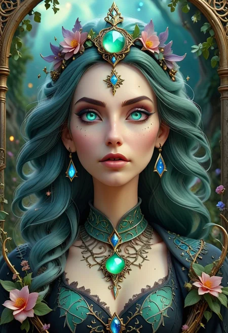 witchcraft, realistic, very detailed awesome female pastelgoth, heavy makeup, magical landscape with enchanted elements, fantasy art style, green, blue, gray theme, intricate details, ultra sharp, exquisite detail, flawless composition, vivid colors, masterpiece, exciting background, magical symbols, flower ornate, magic, wicca, gems and crystals, elaborate
