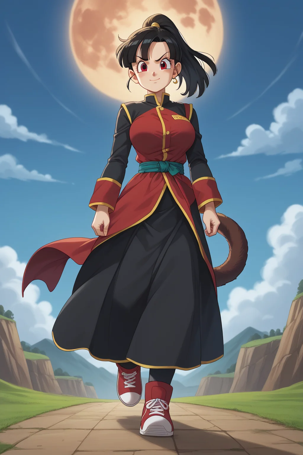 score_9, score_8_up, score_7_up, score_6_up, score_5_up, score_4_up, masterpiece, high quality, BREAK, full body, BREAK, 1girl, <lora:Note (Dragon Ball):0.8> note (dragon_ball), black hair, ponytail, tail, monkey tail, red ribbon, hairpiece, large breasts,