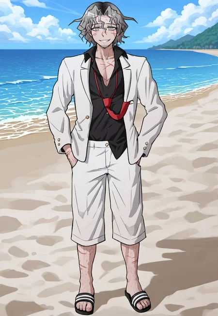 safe_pos, score_9, score_8_up, score_7_up, source_anime, rating_nsfw, ultra hd, absurdres, solo, masterpiece, best quality, best aesthetic, Expressiveh, wolfconf, 1boy

Shobai Hashimoto, Middle aged, male, White hair, Black hair roots, facial hair, grey eyes, Muscular, eyebags, scars on body, Leg hair, body hair white jacket, black shirt, red neck tie, white shorts, sandals, beach background, island, looking at viewer, smiling