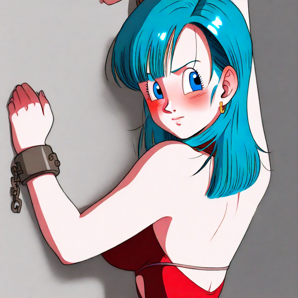 (Anime lineart, ), masterpiece, best quality, absurdres, highres, Female character leaning against a wall, solo,highres, realistic skin texture, flexible pose,<lora:hyperSD8:1>, (illustration, DBZ, 1girl, (Bulma\(dbz\)), (aqua hair), (blue eyes), (AK05EV3N1NGDR3S5:1.4), breasts, anime screencap  adult female, leaning, against wall, tired, blush, blushing, Evening dress, backless dress, red dress, dress, sideless dress, sleeveless dress, cuffs, shackles, Cosplay, upper body, Simple background,