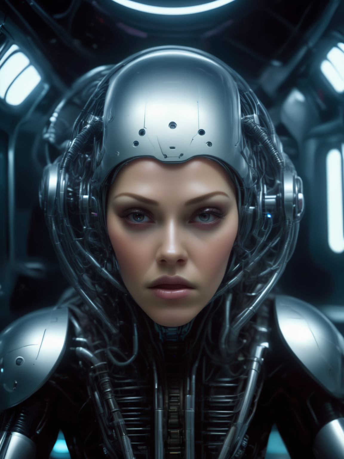 bbuk_style <lora:PureDarkness_RetroSciFi-000060:0.9> close up of a synthetic artificial biomechanical woman posing for a picture while beign locked in a metal cage with laser bars, spacestation basement, darkness