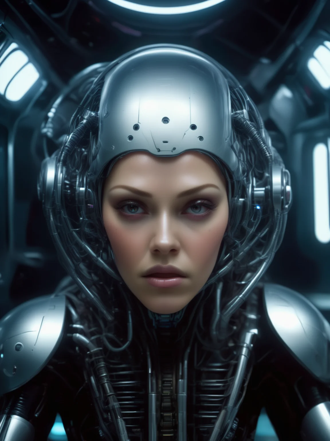 bbuk_style <lora:PureDarkness_RetroSciFi-000060:0.9> close up of a synthetic artificial biomechanical woman posing for a picture while beign locked in a metal cage with laser bars, spacestation basement, darkness