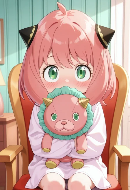 masterpiece,best quality,amazing quality, anya forger, pink hair, female child, child, green eyes, medium hair, 1girl, solo, blush, stuffed toy, holding, chair, ahoge, looking at viewer, indoors