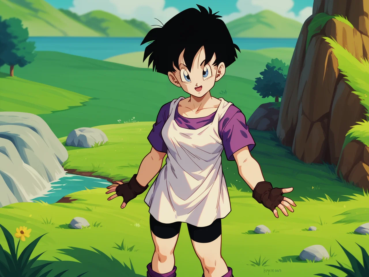 Videl, 1girl, short hair, white shirt, purple shirt, bike shorts black hair, <lora:Videl-prodigy-7:0.8>, score_9, score_8, score_8, solo, portrait, looking at viewer, outdoors, grass