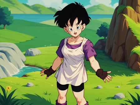 Videl, 1girl, short hair, white shirt, purple shirt, bike shorts black hair, <lora:Videl-prodigy-7:0.8>, score_9, score_8, score_8, solo, portrait, looking at viewer, outdoors, grass