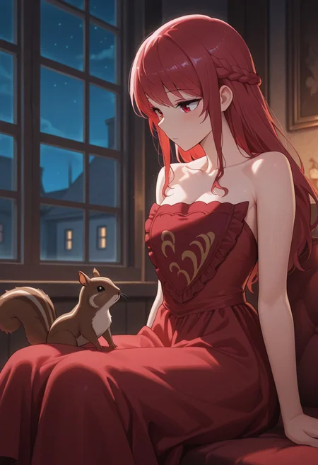 masterpiece,best quality,amazing quality, leeler sophia, red hair, red eyes, long hair, 1girl, dress, red dress, strapless dress, sitting, solo, collarbone, bare shoulders, strapless, indoors, window, night, braid, squirrel
