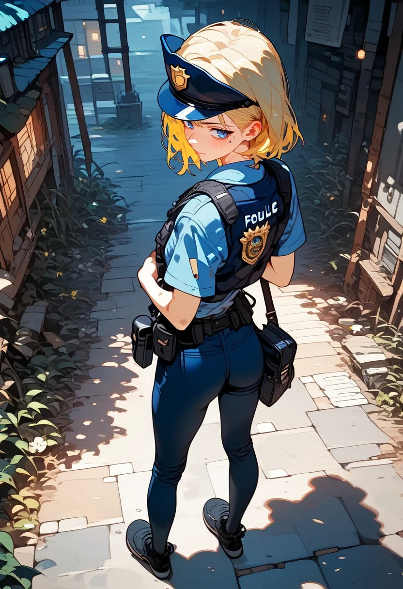 score_9, score_8_up, score_7_up, score_6_up, score_5_up, score_4_up, source_anime, 1girl, solo, 18yo, (slim face:1.5), (bangs:1.2), skinny, thin body, wide hips, thin thighs,
cowboy shot,
(from behind:1.5),
from above,
<lora:age_slider_v4:2> <lora:Expressive_H:1><lora:Kenva:1><lora:naipf:0.7>
1girl, solo, (full body:1.5), from behind, looking back, ass, small breasts, very short hair, blonde hair, blue eyes, light smile, police cap, shoulder bag, bottomless, police shirt, vest, outdoors, town,