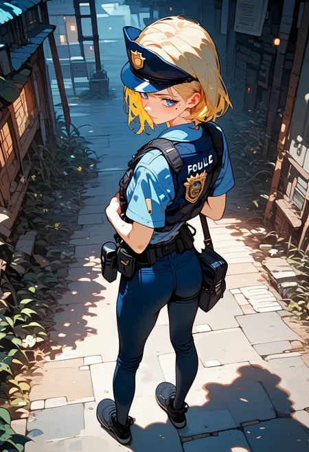 score_9, score_8_up, score_7_up, score_6_up, score_5_up, score_4_up, source_anime, 1girl, solo, 18yo, (slim face:1.5), (bangs:1.2), skinny, thin body, wide hips, thin thighs,
cowboy shot,
(from behind:1.5),
from above,
<lora:age_slider_v4:2> <lora:Expressive_H:1><lora:Kenva:1><lora:naipf:0.7>
1girl, solo, (full body:1.5), from behind, looking back, ass, small breasts, very short hair, blonde hair, blue eyes, light smile, police cap, shoulder bag, bottomless, police shirt, vest, outdoors, town,