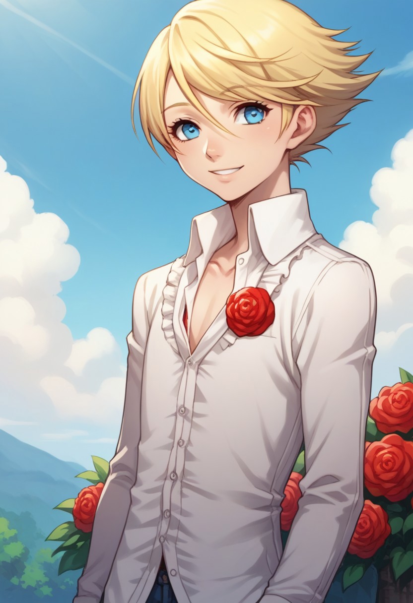 score_9, score_8_up, score_7_up, source_anime, highly detailed, 
teddie, solo, 1boy, male focus, blonde hair, blue eyes, male focus, flower, rose, smile, red rose, red flower, shirt, androgynous, upper body,
outdoor, sky, tree, day, clouds,