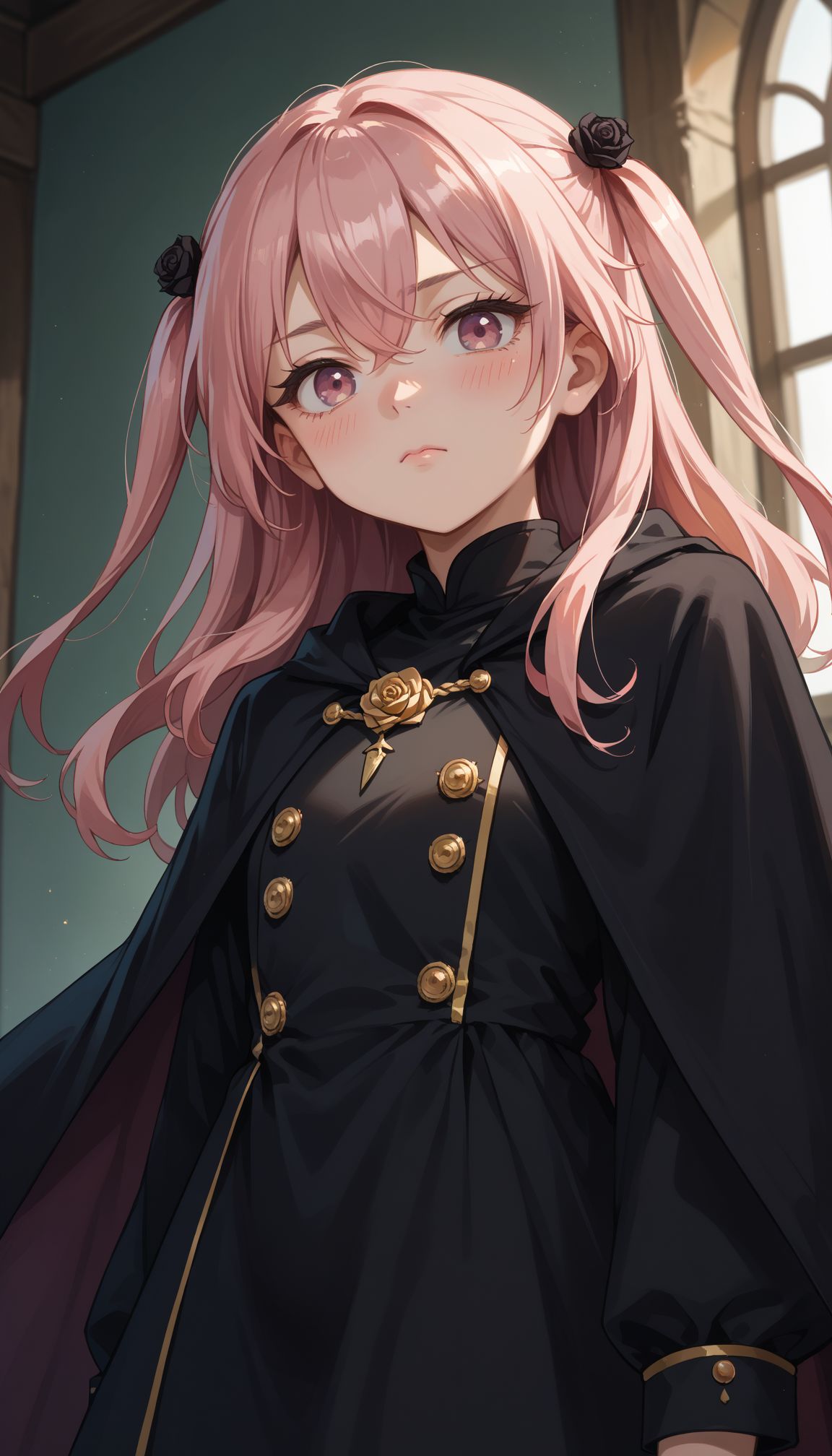 score_9, score_8_up, score_7_up, source_anime, 
<lora:Inui Sajuna :0.8>, BBSajuna, 1girl, pink hair, long hair, blush, looking at viewer, hair ornament, black cape, closed mouth, pink eyes, hair between eyes, black dress, from below, cloak, long sleeves, black rose, two side up, black flower
